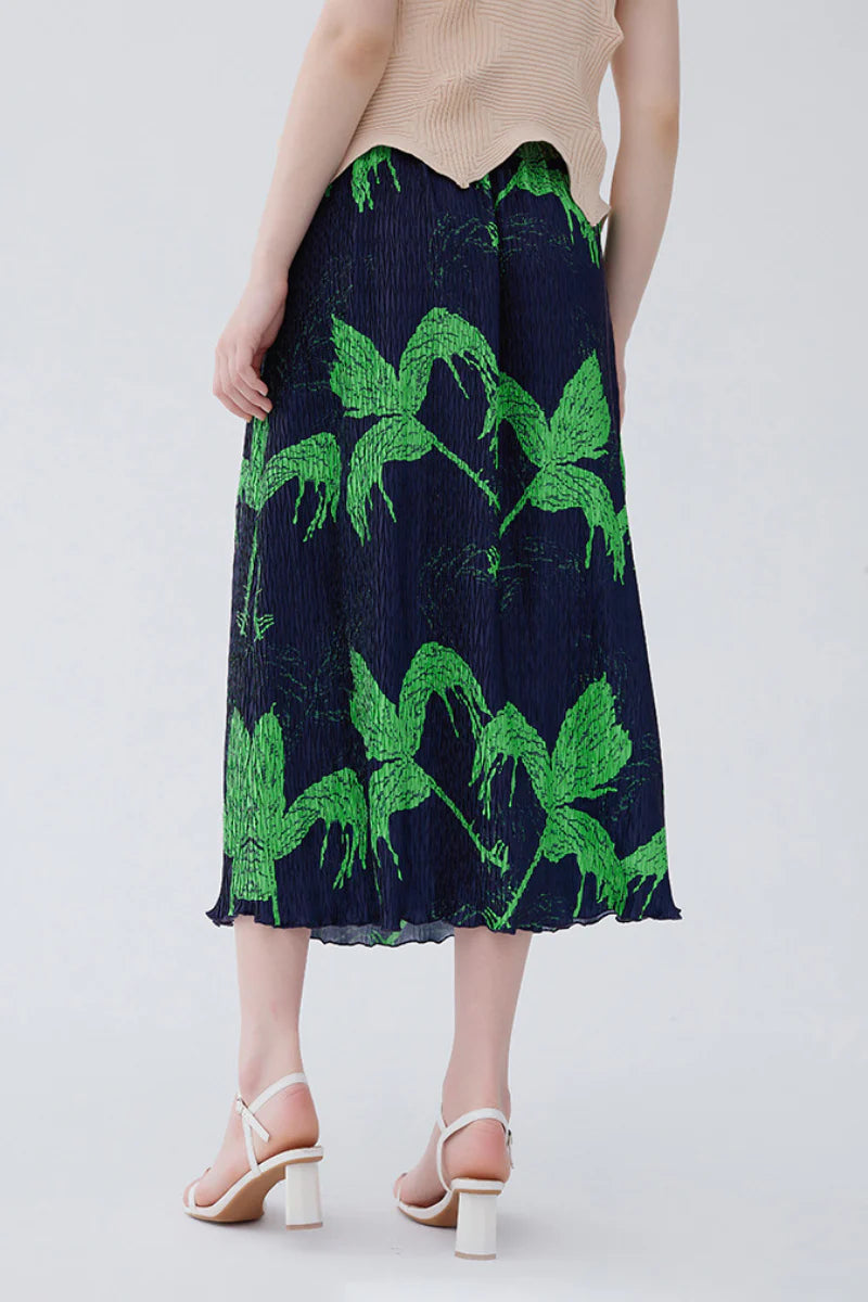 Designer Inspired Pleated Leaf Print Straight Midi Skirt