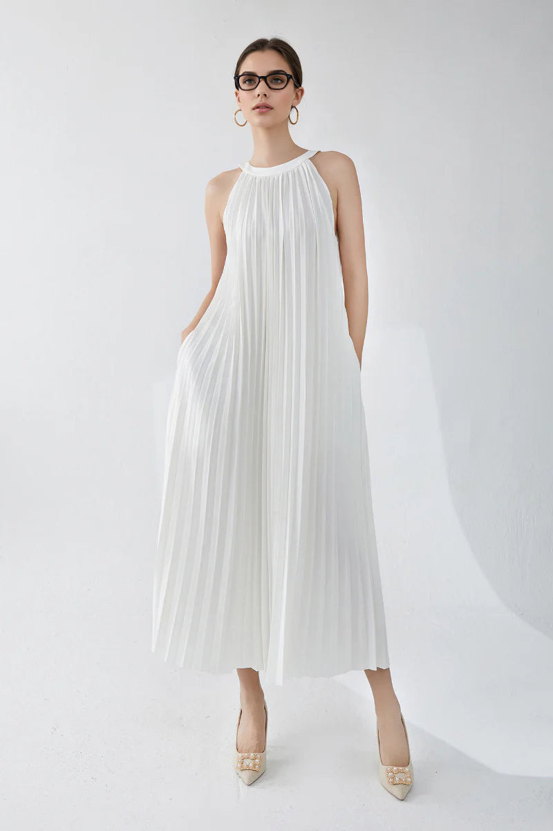 Designer Inspired Pleated Flowy Halter-Neck Midi Dress in White