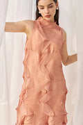 Designer Inspired Pleated Sleeveless Midi Dress in Coral