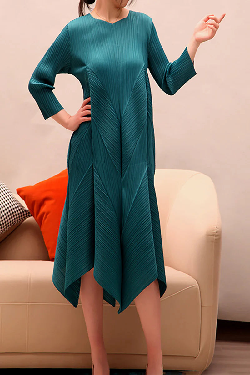 Pleated Long-Sleeve Midi Dress with Tulip Hem