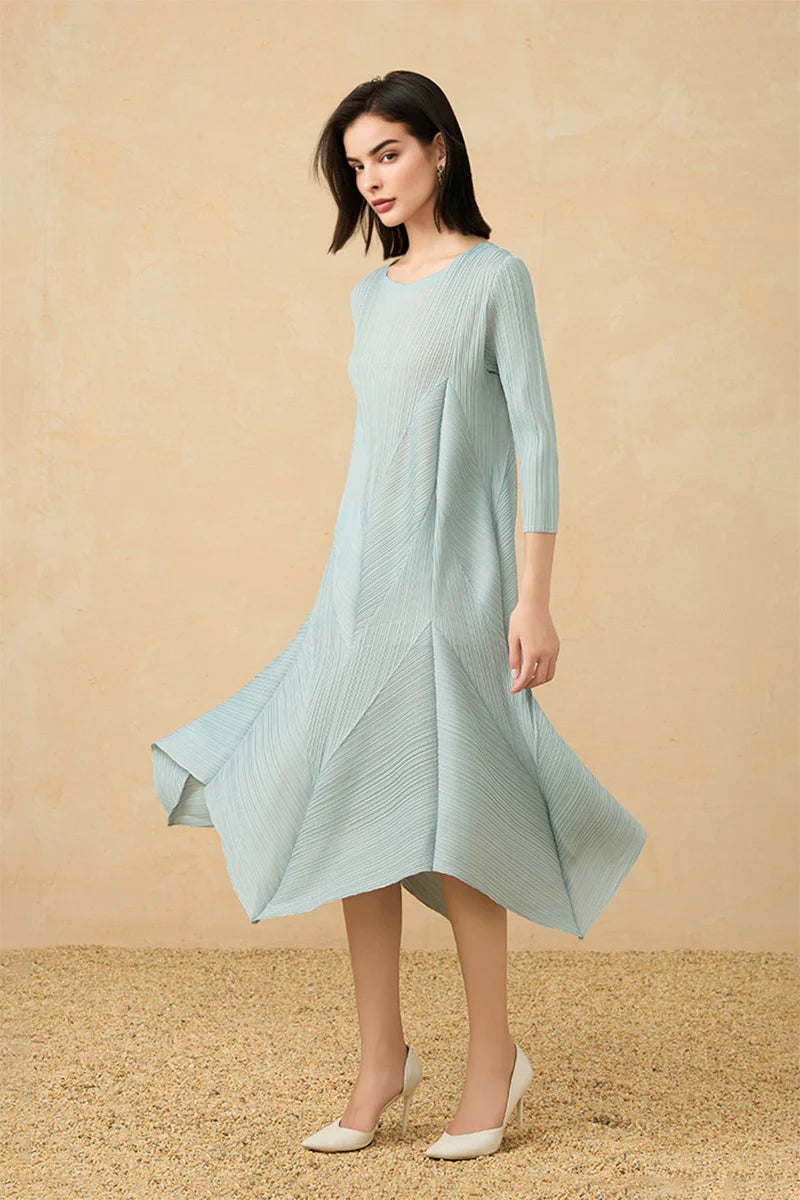 Pleated Long-Sleeve Midi Dress with Tulip Hem