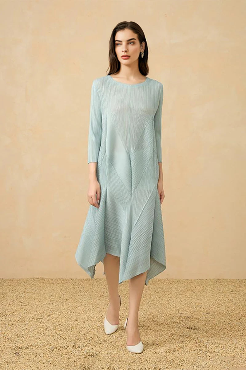Pleated Long-Sleeve Midi Dress with Tulip Hem