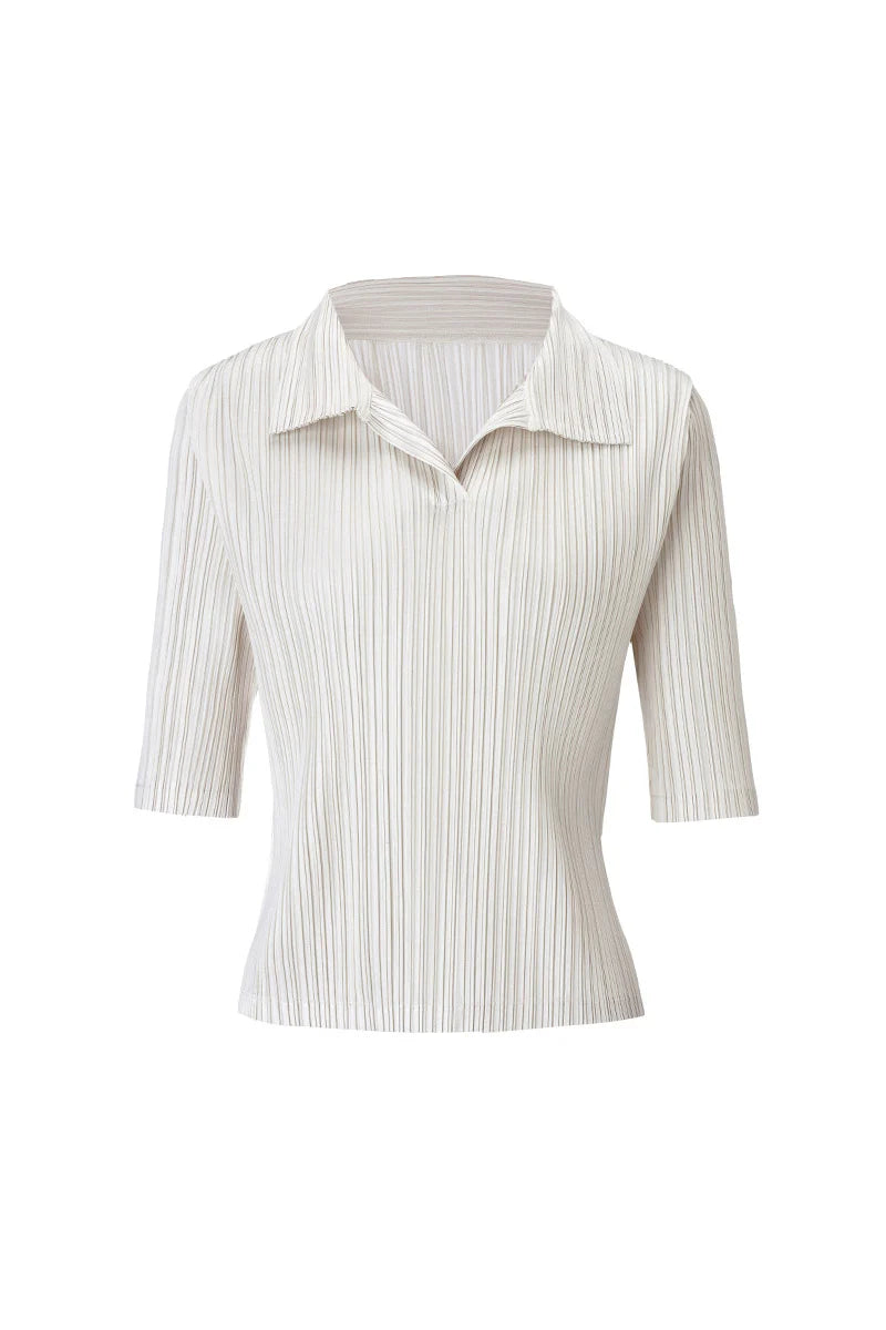 Designer-Inspired Pleated Elbow-Sleeve Polo Shirt