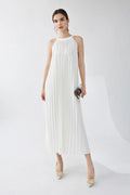 Designer Inspired Pleated Flowy Halter-Neck Midi Dress in White
