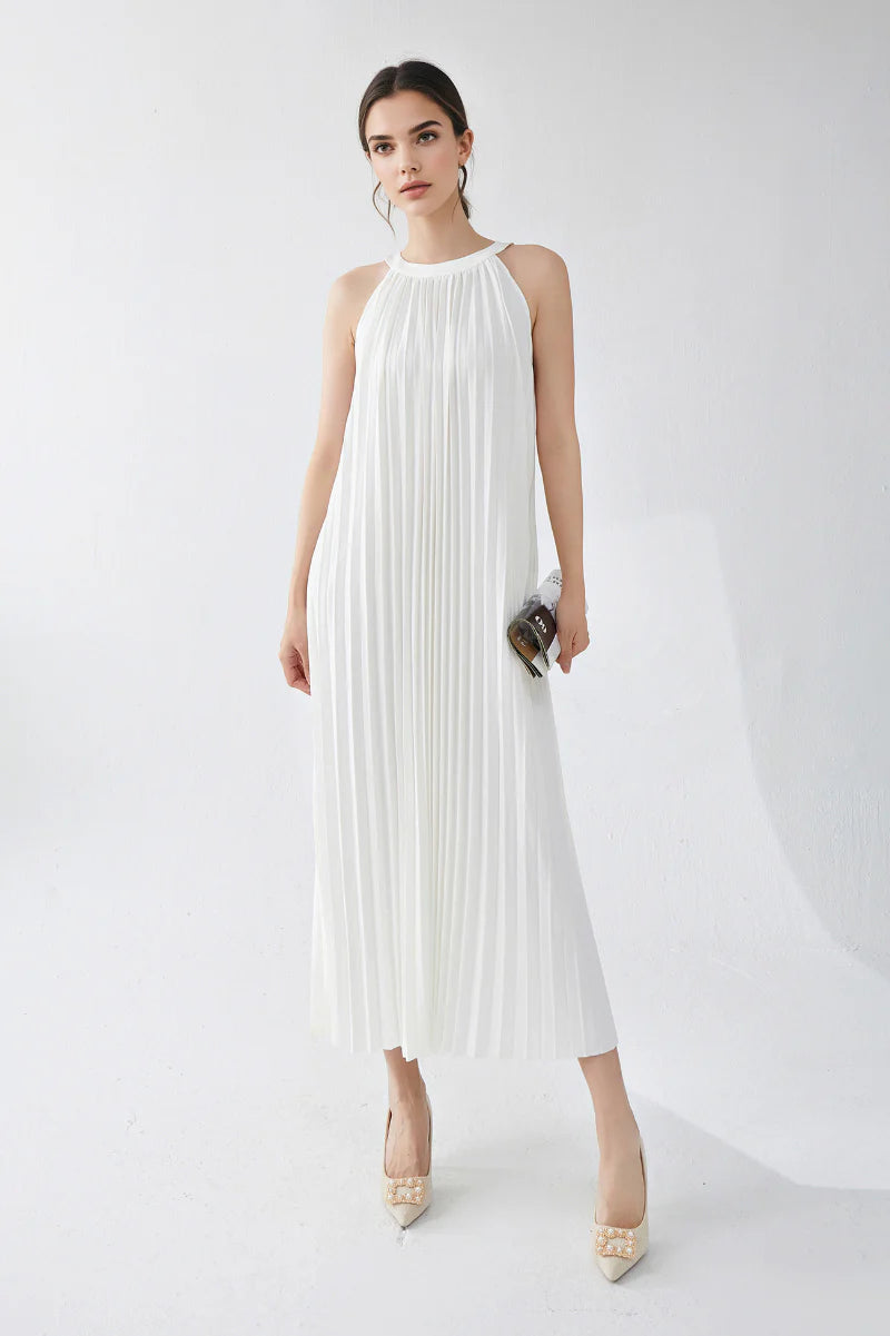 Designer Inspired Pleated Flowy Halter-Neck Midi Dress in White