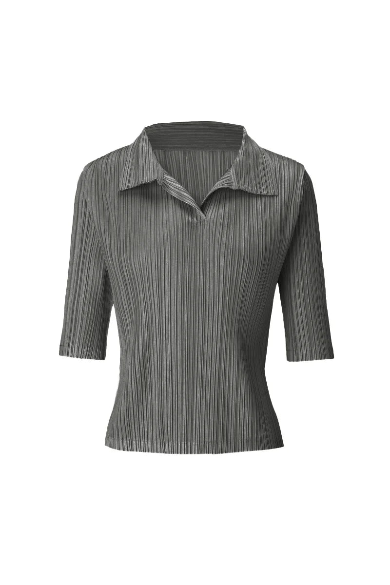 Designer-Inspired Pleated Elbow-Sleeve Polo Shirt