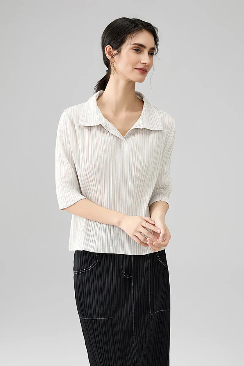 Designer-Inspired Pleated Elbow-Sleeve Polo Shirt