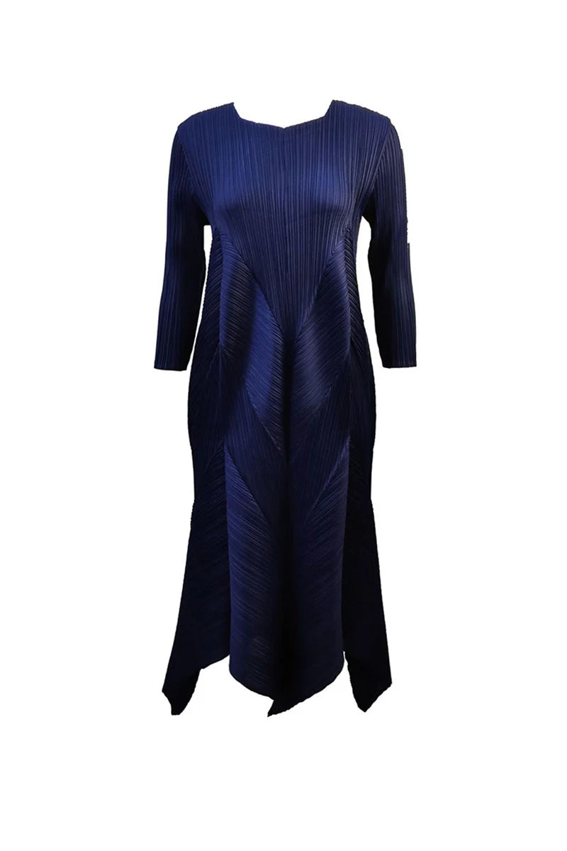 Pleated Long-Sleeve Midi Dress with Tulip Hem