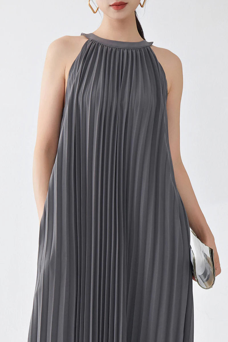 Designer Inspired Pleated Flowy Halter-Neck Midi Dress in Grey