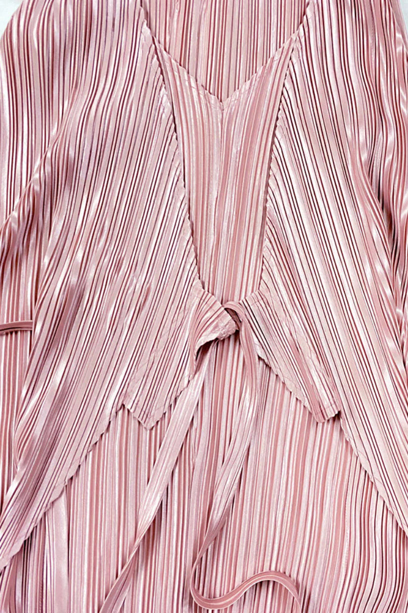 Designer Inspired Pleated Sleeveless Wrap Midi Dress in Pink