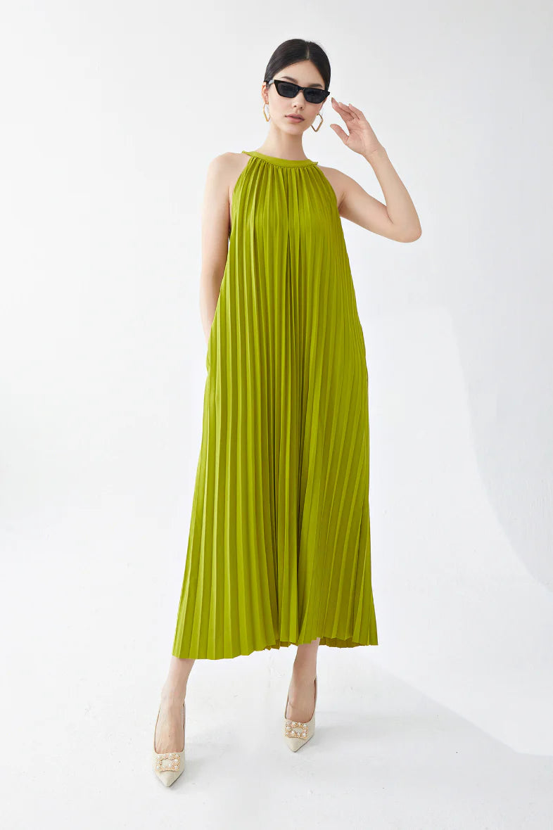 Designer Inspired Pleated Flowy Halter-Neck Midi Dress in Lime Green