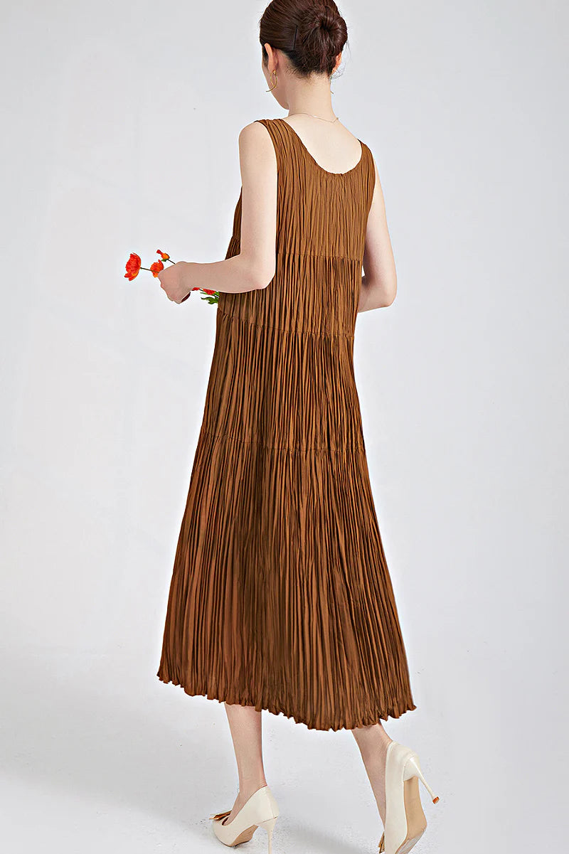 Designer Inspired Pleated Flowy Sleeveless Midi Dress