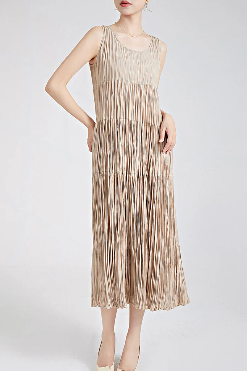 Designer Inspired Pleated Sleeveless Midi Dress