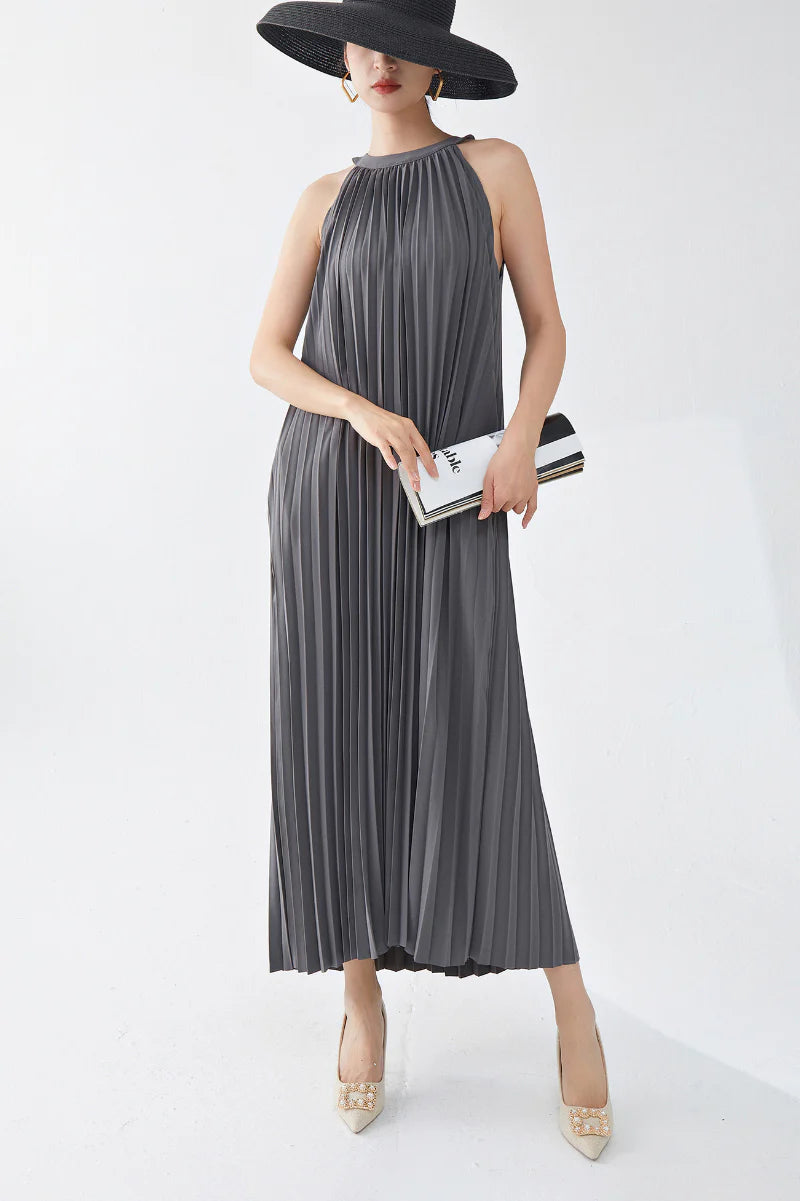 Designer Inspired Pleated Flowy Halter-Neck Midi Dress in Grey