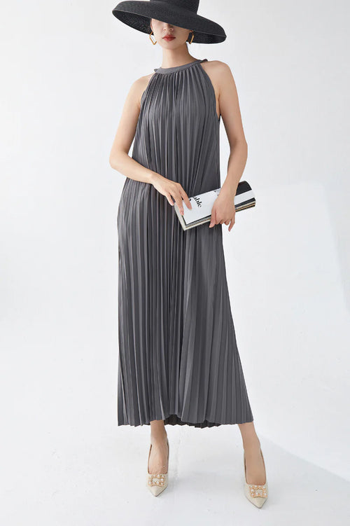 Designer Inspired Pleated Flowy Halter-Neck Midi Dress in Grey