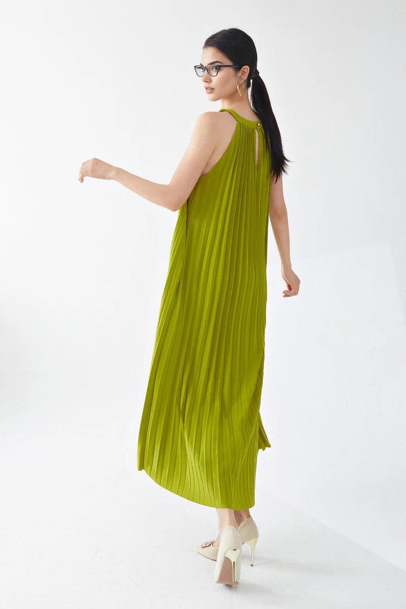 Designer Inspired Pleated Flowy Halter-Neck Midi Dress in Lime Green