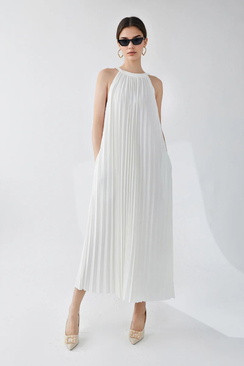 Designer Inspired Pleated Flowy Halter-Neck Midi Dress in White