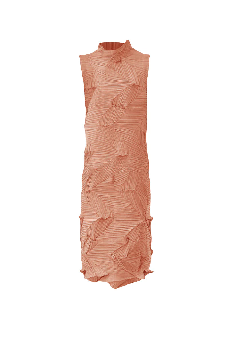 Designer Inspired Pleated Sleeveless Midi Dress in Coral