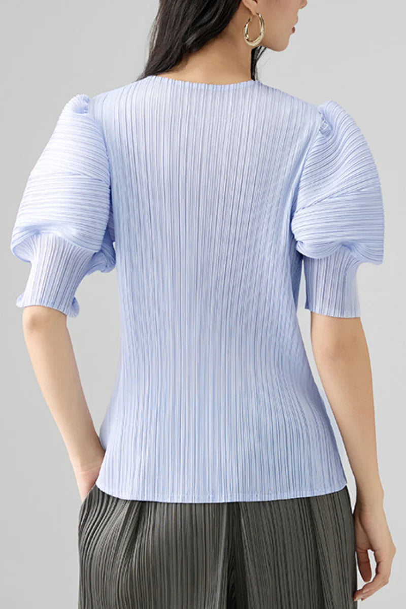 Designer Inspired Pleated Puff-Sleeve Top