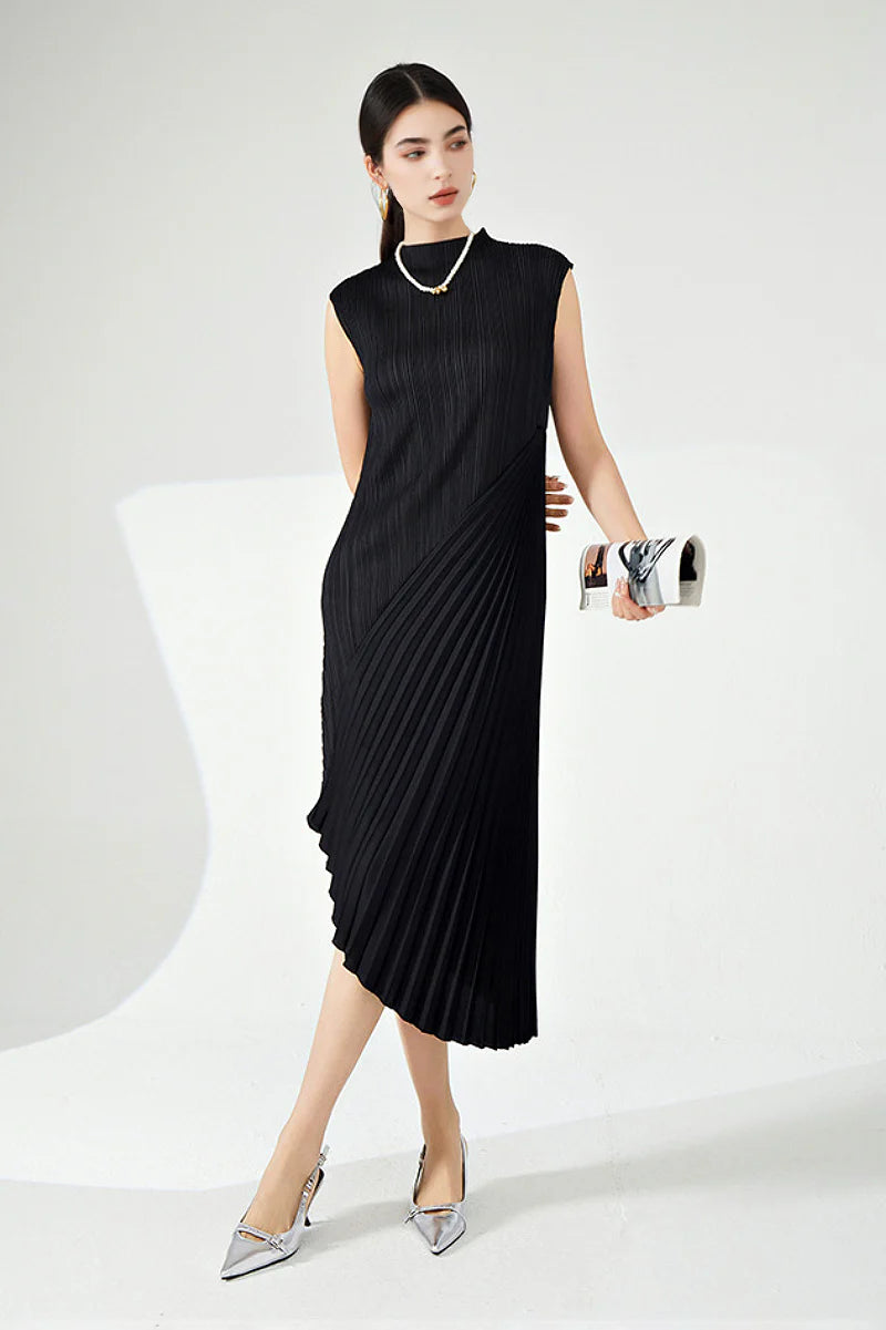 Designer Inspired Pleated Asymmetrical Sleeveless Midi Dress