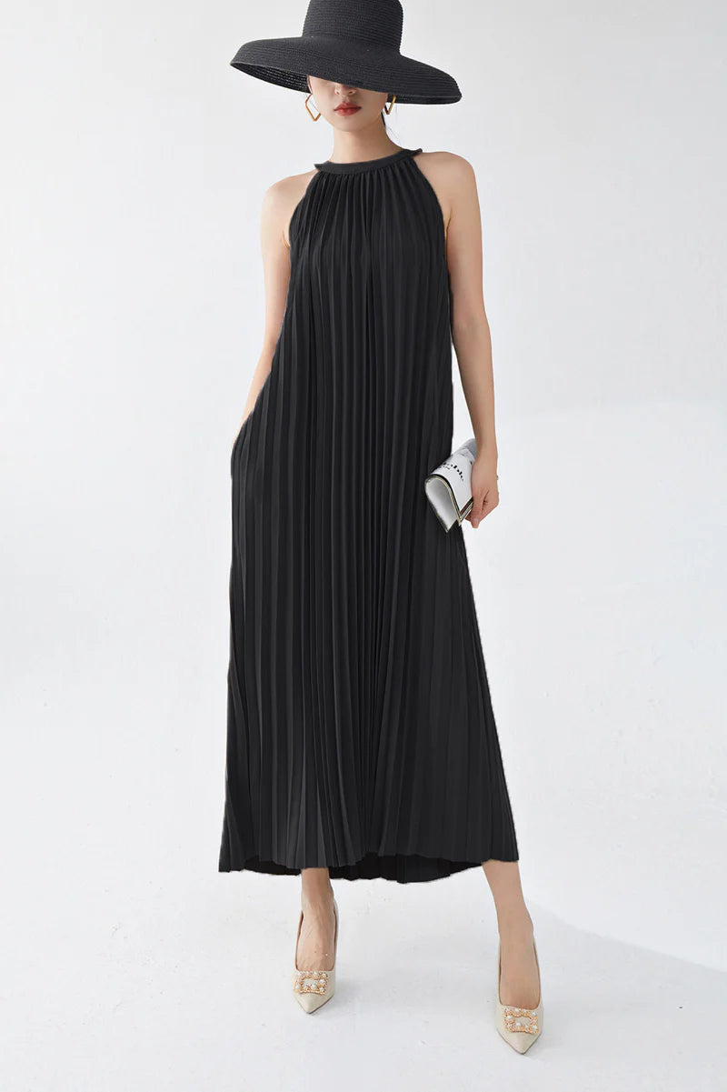 Designer Inspired Pleated Flowy Halter-Neck Midi Dress in Black
