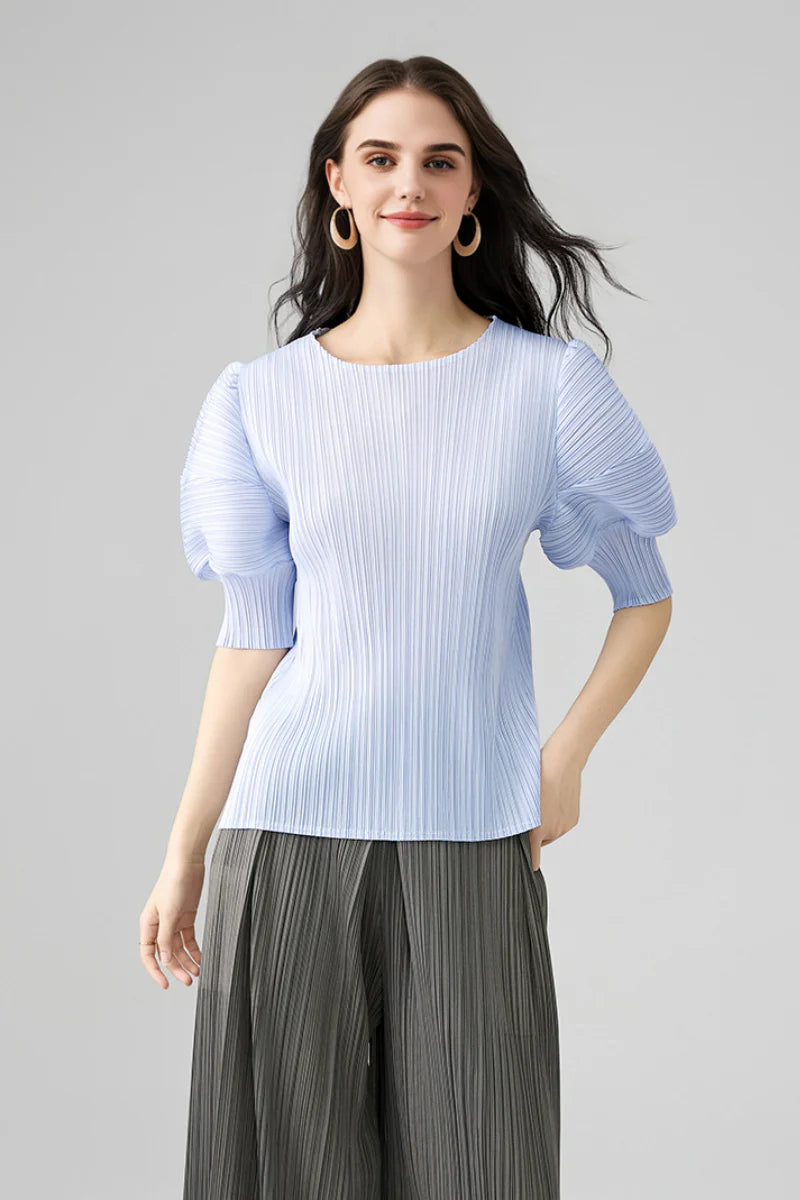 Designer Inspired Pleated Puff-Sleeve Top