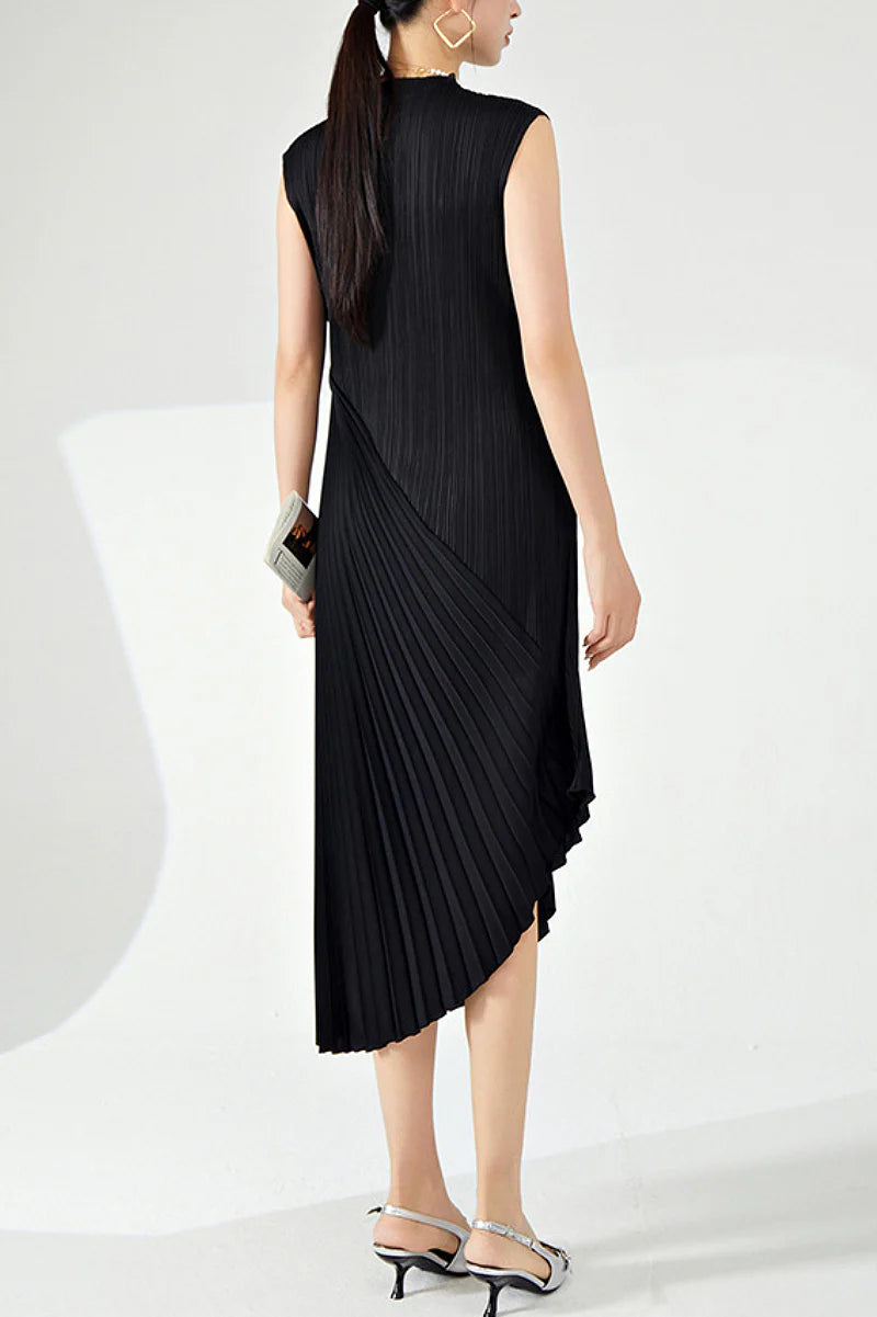 Designer Inspired Pleated Asymmetrical Sleeveless Midi Dress