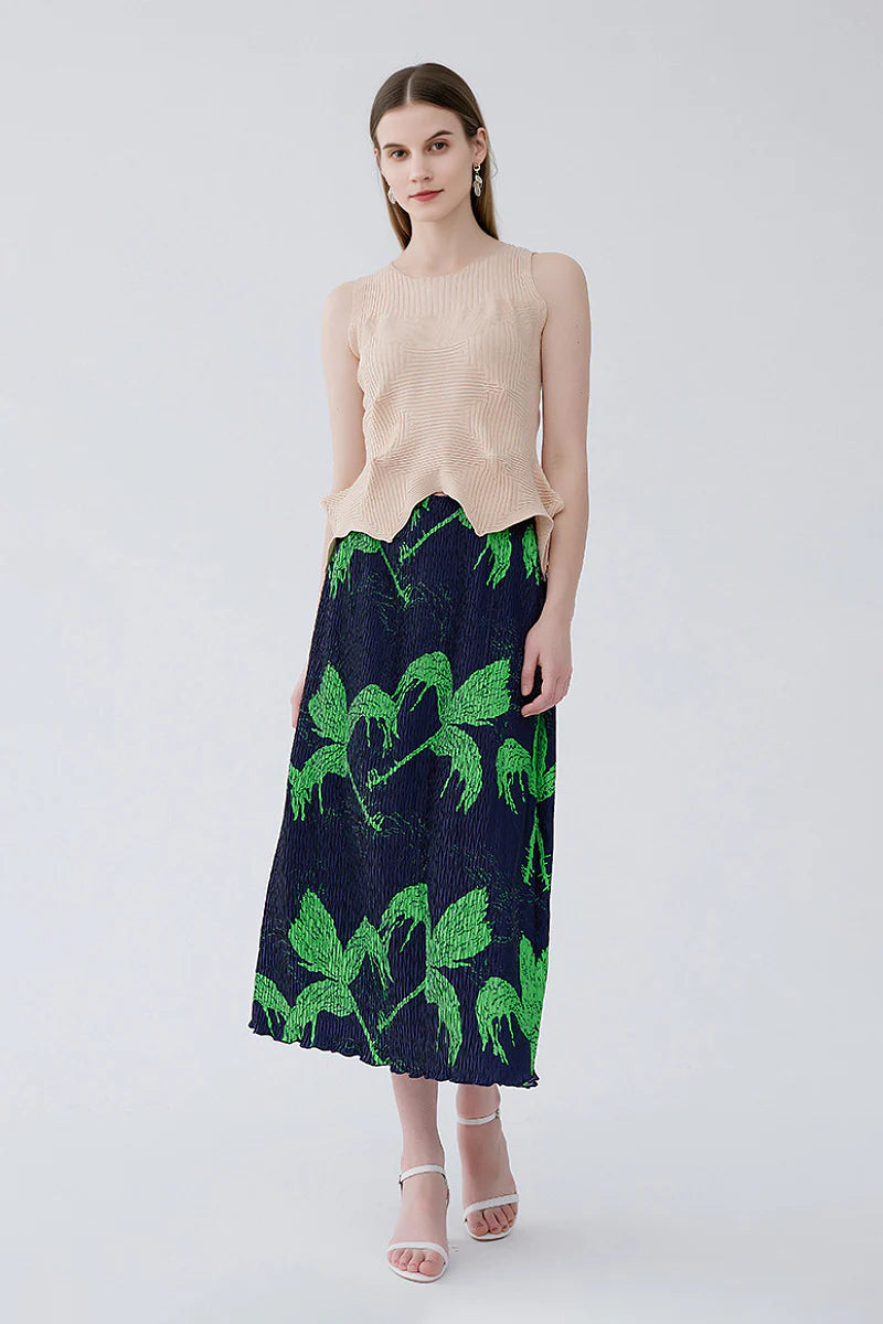 Designer Inspired Pleated Leaf Print Straight Midi Skirt