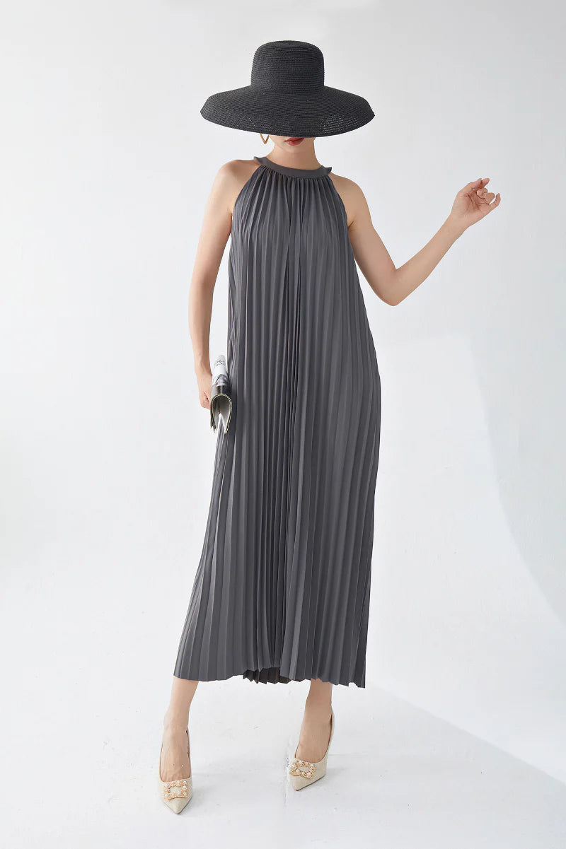 Designer Inspired Pleated Flowy Halter-Neck Midi Dress in Grey