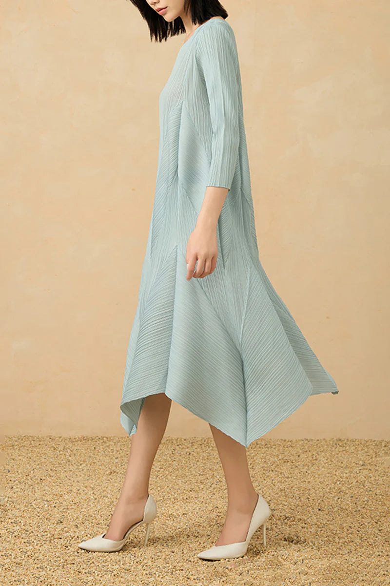 Pleated Long-Sleeve Midi Dress with Tulip Hem