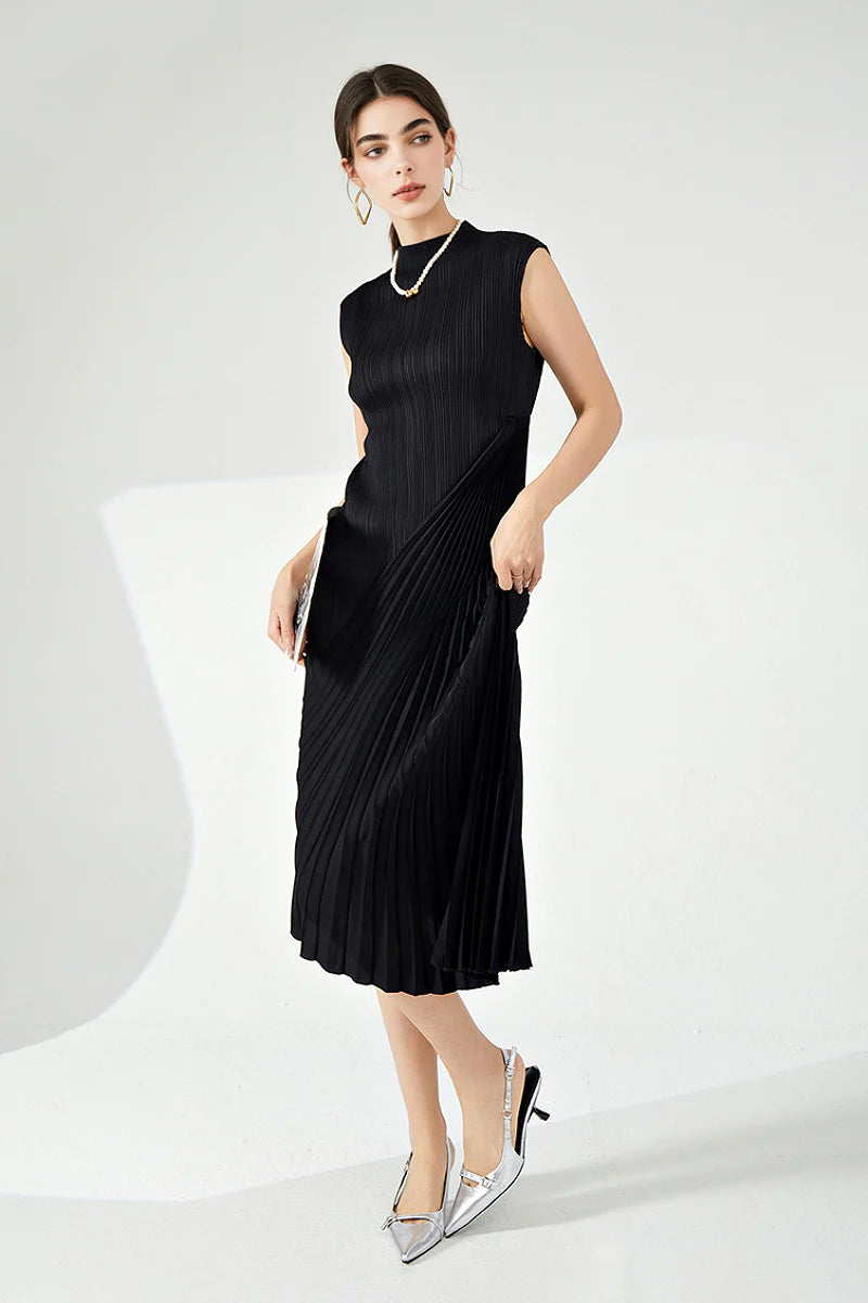 Designer Inspired Pleated Asymmetrical Sleeveless Midi Dress