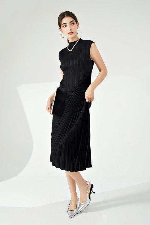 Designer Inspired Pleated Asymmetrical Sleeveless Midi Dress
