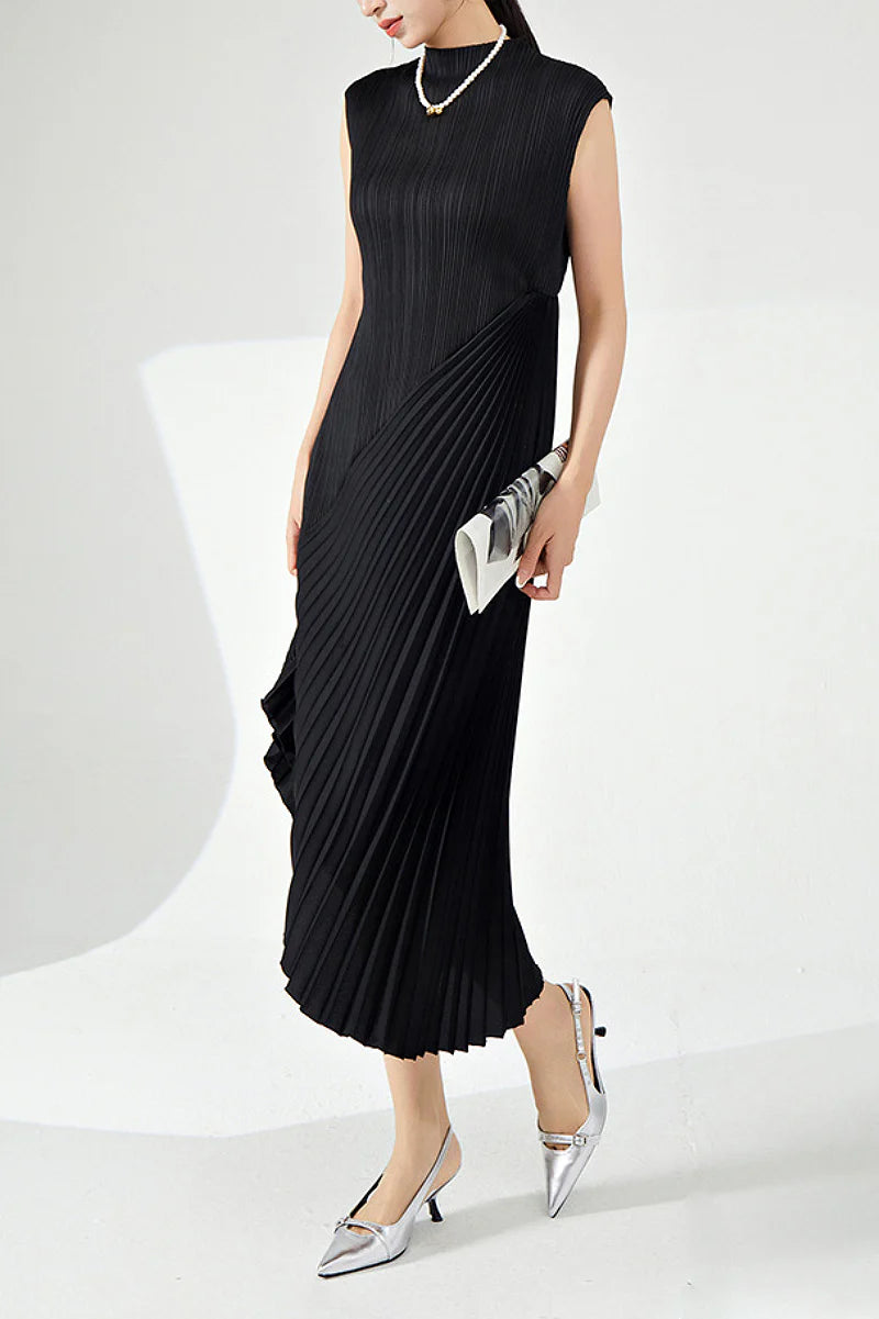 Designer Inspired Pleated Asymmetrical Sleeveless Midi Dress