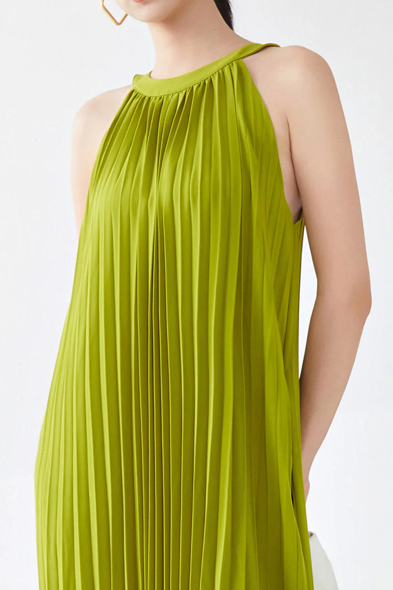 Designer Inspired Pleated Flowy Halter-Neck Midi Dress in Lime Green