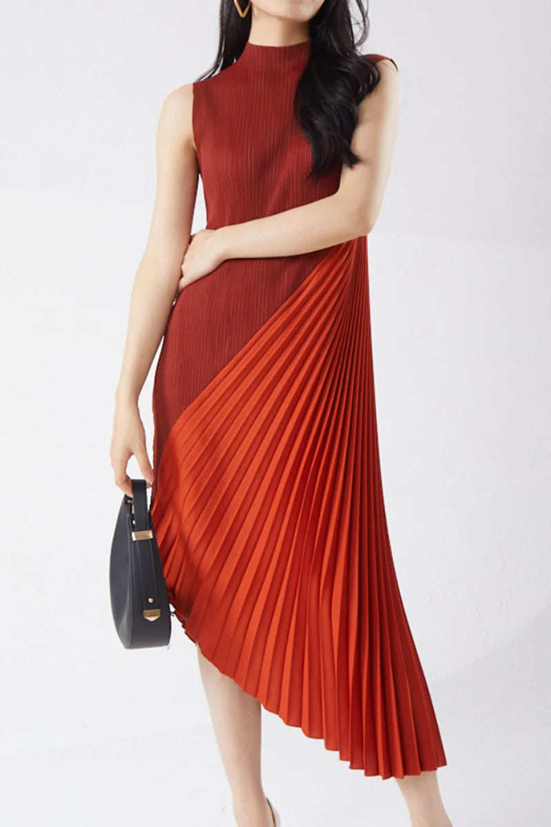 Designer Inspired Pleated Asymmetrical Sleeveless Midi Dress