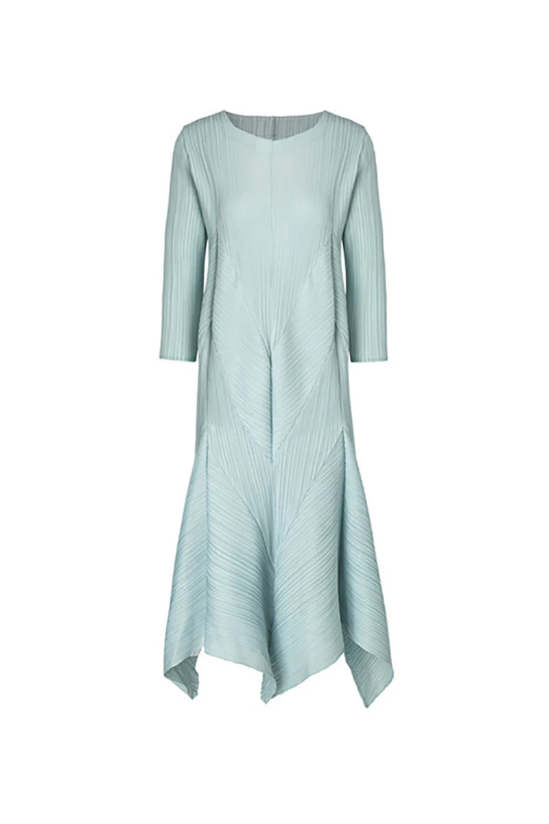 Pleated Long-Sleeve Midi Dress with Tulip Hem