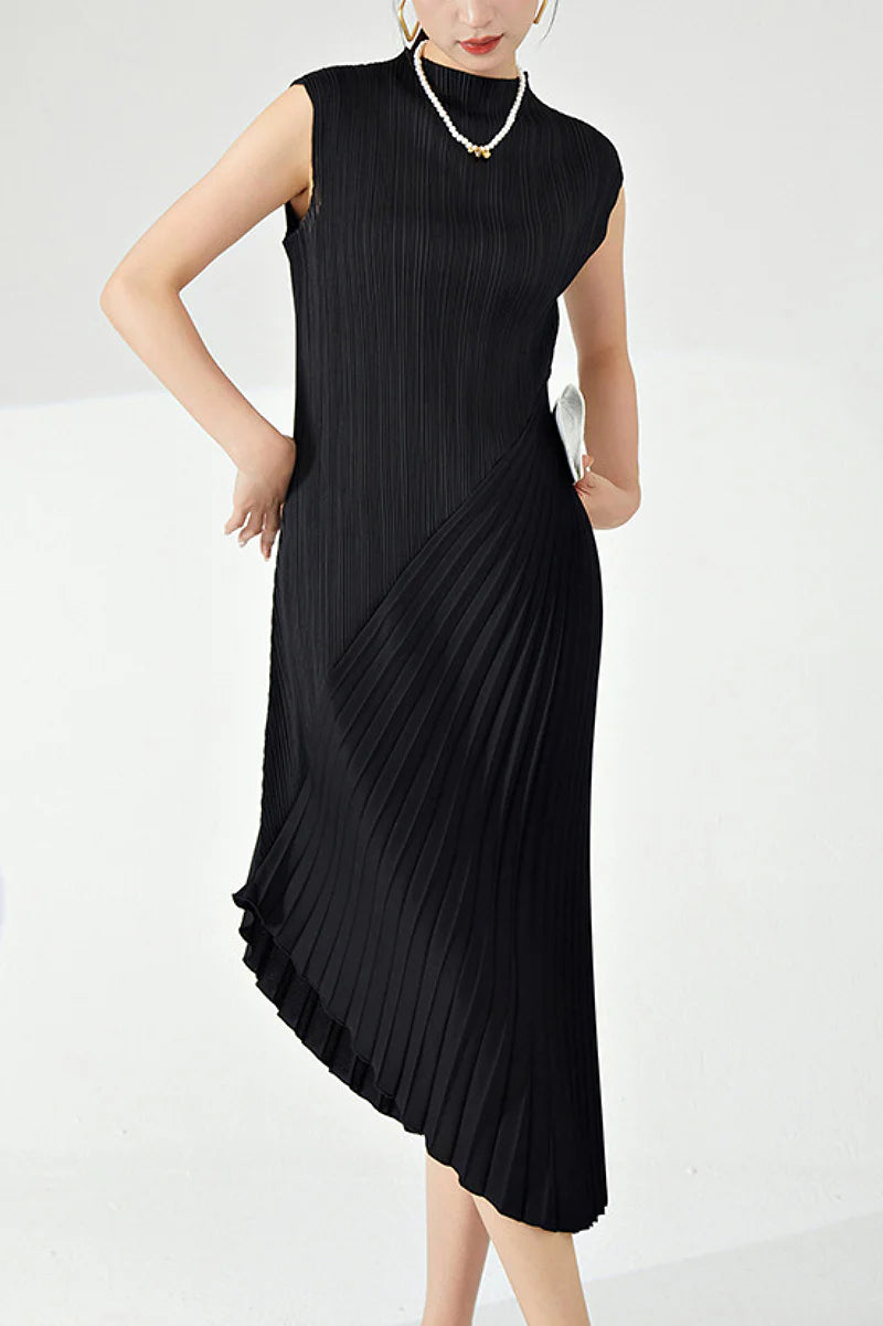 Designer Inspired Pleated Asymmetrical Sleeveless Midi Dress