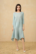 Pleated Long-Sleeve Midi Dress with Tulip Hem