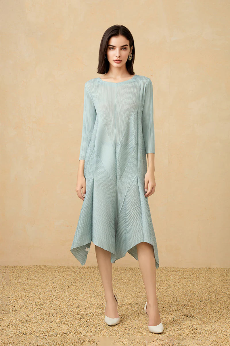 Pleated Long-Sleeve Midi Dress with Tulip Hem