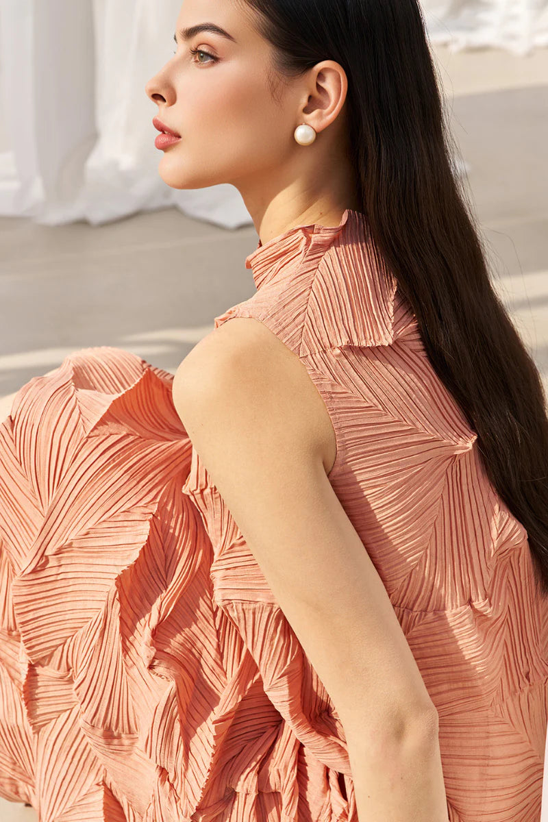 Designer Inspired Pleated Sleeveless Midi Dress in Coral