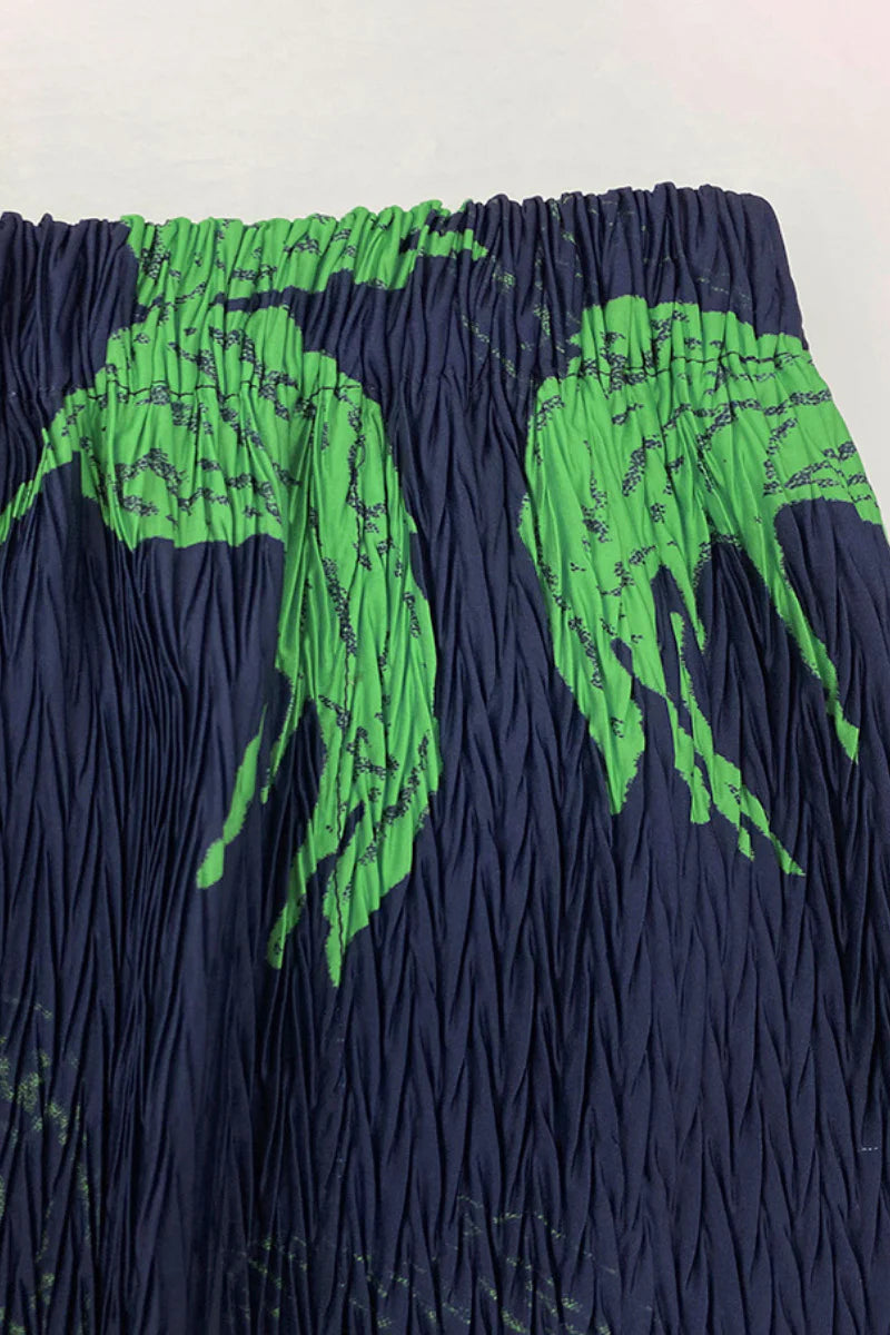 Designer Inspired Pleated Leaf Print Straight Midi Skirt