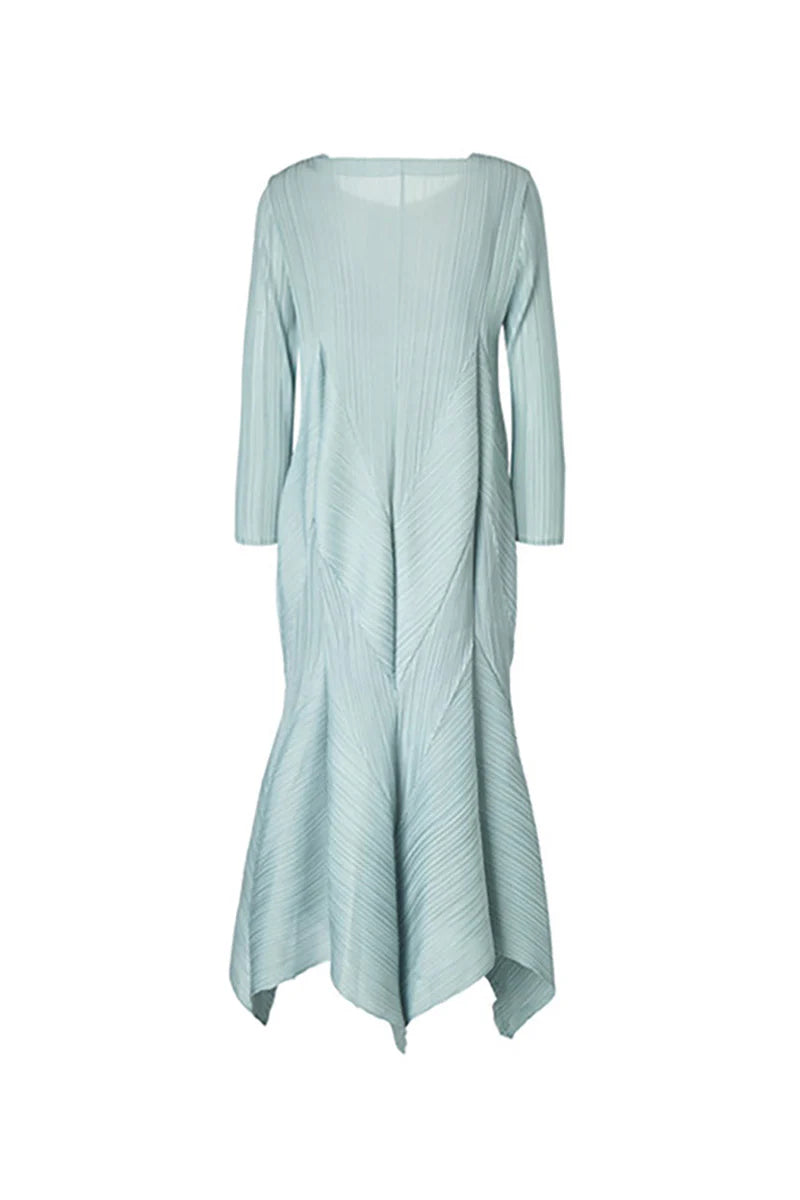 Pleated Long-Sleeve Midi Dress with Tulip Hem