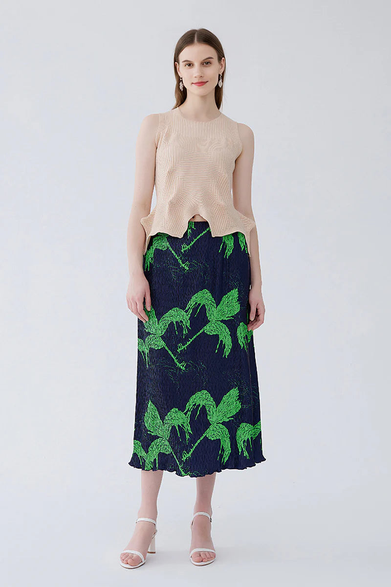 Designer Inspired Pleated Leaf Print Straight Midi Skirt