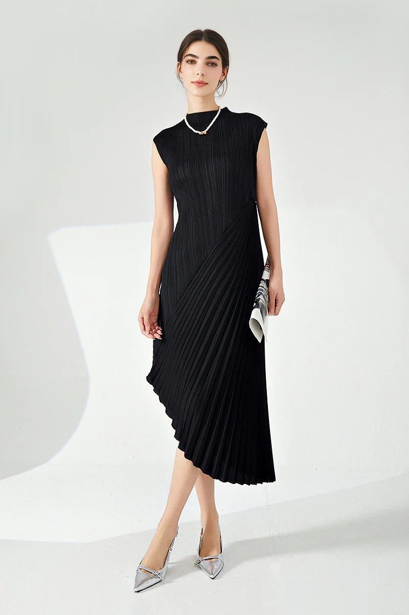 Designer Inspired Pleated Asymmetrical Sleeveless Midi Dress