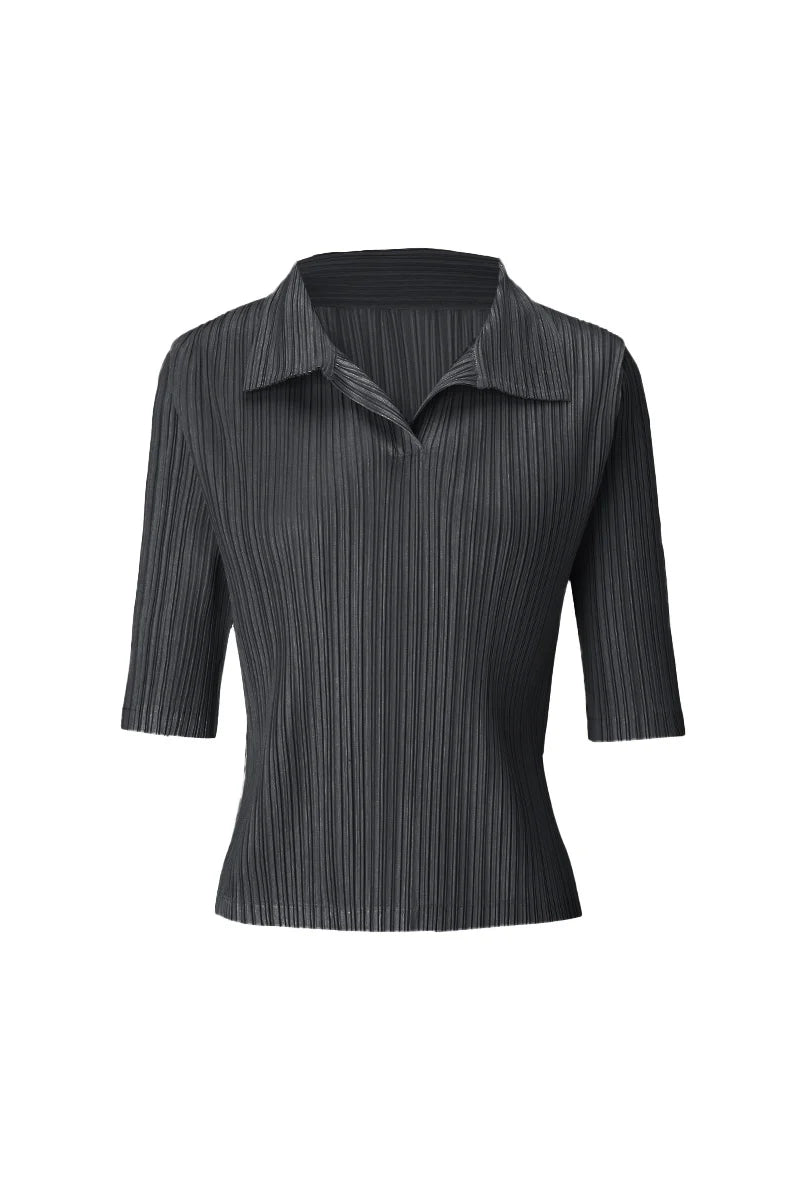 Designer-Inspired Pleated Elbow-Sleeve Polo Shirt