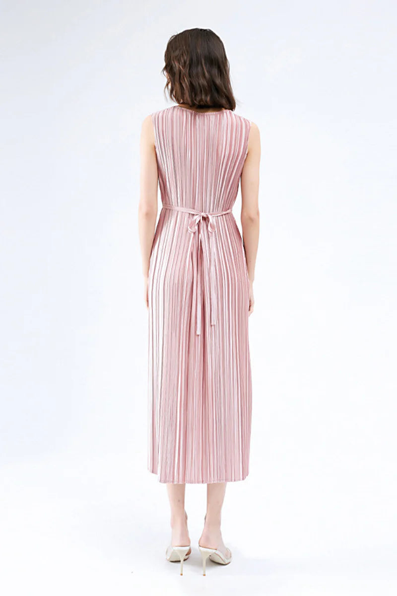 Designer Inspired Pleated Sleeveless Wrap Midi Dress in Pink