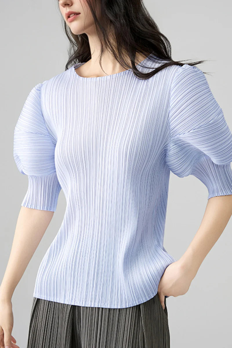 Designer Inspired Pleated Puff-Sleeve Top