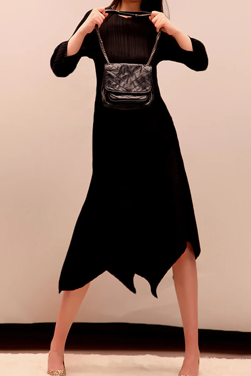 Pleated Long-Sleeve Midi Dress with Tulip Hem