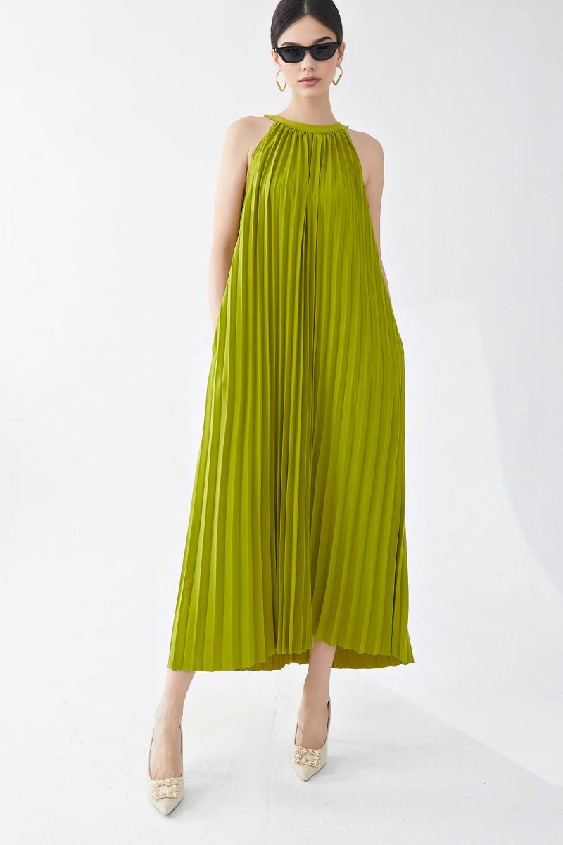 Designer Inspired Pleated Flowy Halter-Neck Midi Dress in Lime Green