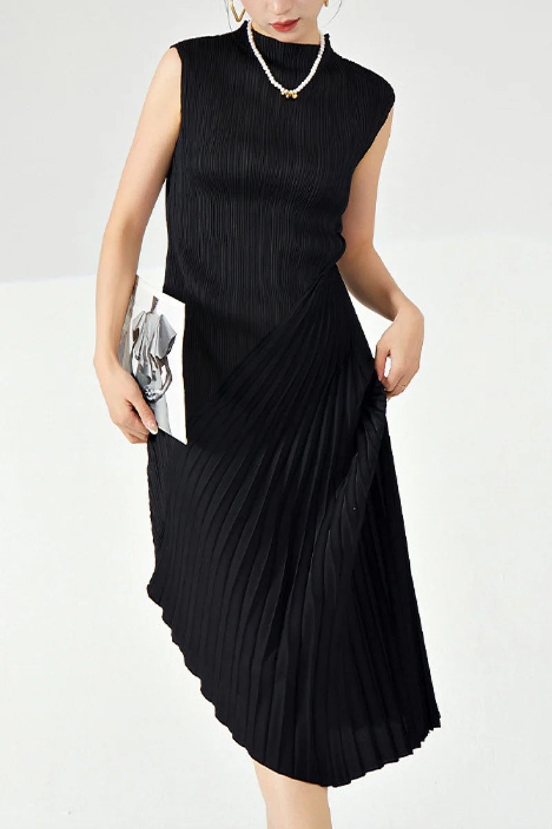 Designer Inspired Pleated Asymmetrical Sleeveless Midi Dress